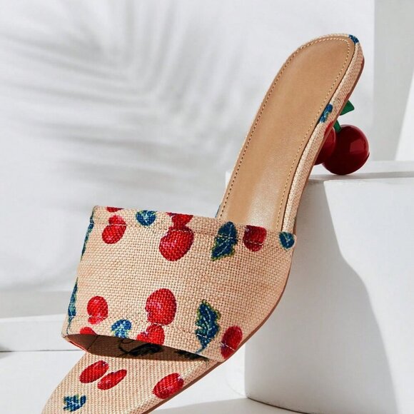 Beige Cute Women's Cherry Shaped Heel Sandals - Picture 7 of 7